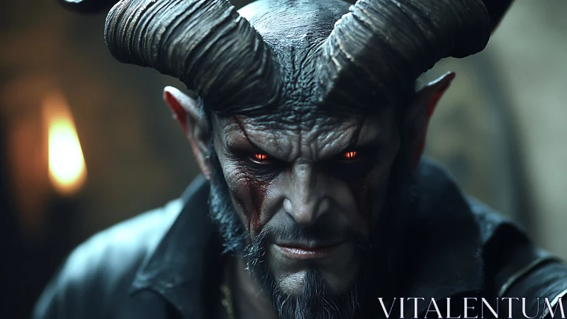 Brooding horned demon gazes forward in dramatic warm light