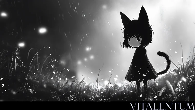 Quiet cat-eared child lingers in a dreamy glowing meadow