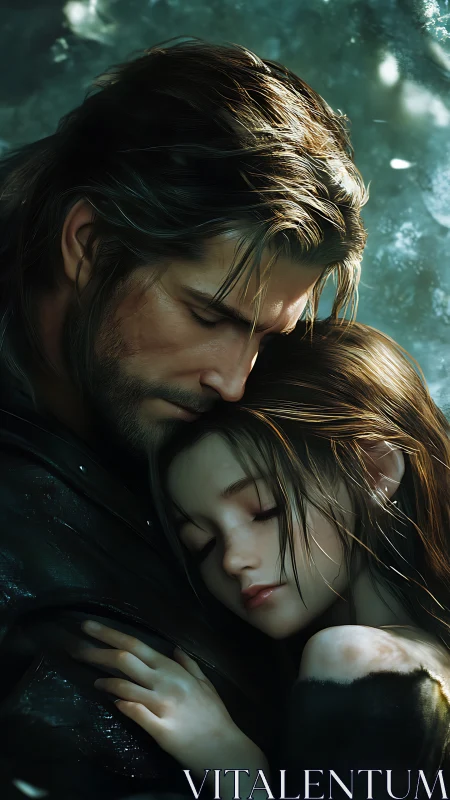 Close Embrace of Two Figures in Teal Atmospheric Setting