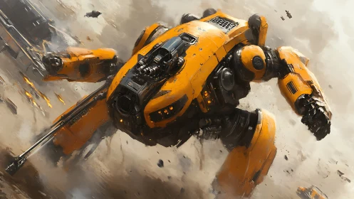 Heavily armored yellow mech executes high-velocity combat descent