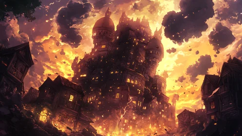 Infernal Fortress Ablaze: Gothic Towers Engulfed in Apocalyptic Fire.
