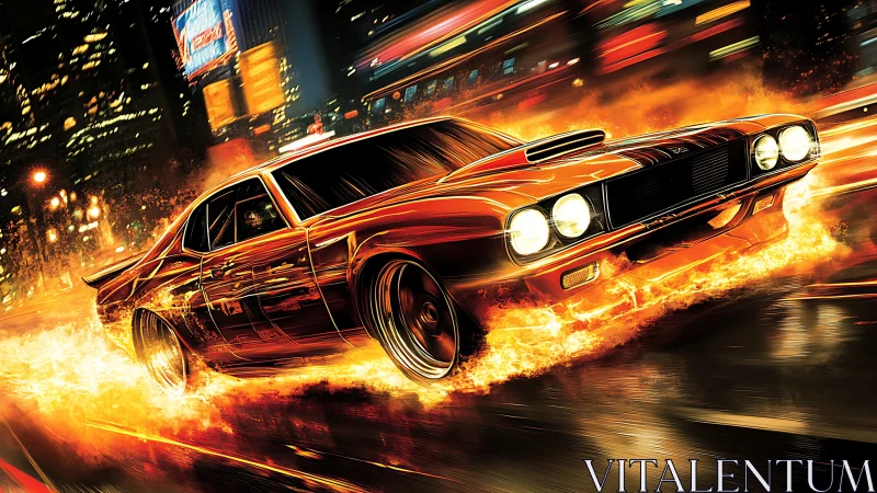 Retro muscle car rendered with dynamic motion blur and fire trails
