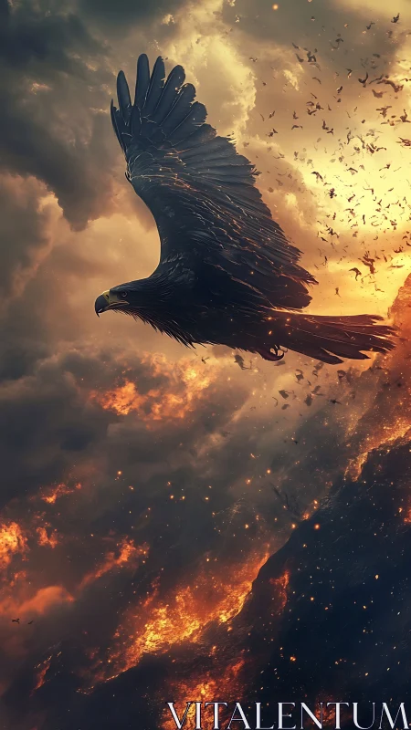 Majestic raptor gliding above volcanic firestorm sky