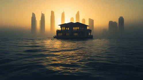 Solitary Mansion Floating in Golden Hour Seascape.