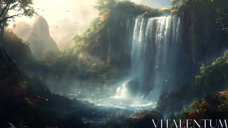 High-dynamic-range fantasy waterfall with volumetric mist rendering