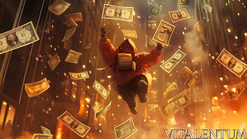 Hooded figure suspended in golden city storm of dollars.