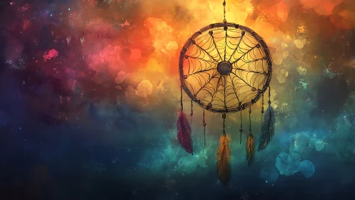 Chromatic dreamcatcher against nebular gradient skyfield.
