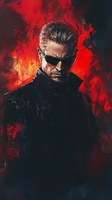 Brooding cyber enforcer framed in wildfire shadows.