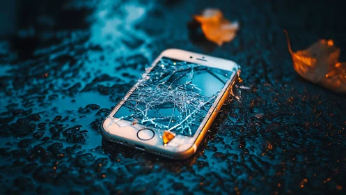 Shattered smartphone glows on wet asphalt in moody night scene.