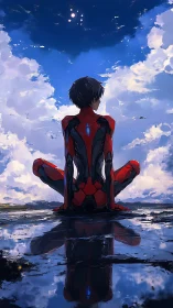 Youth in red exosuit sits by reflective water under sky