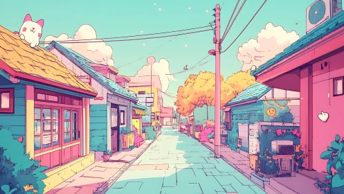 Colorful anime street with pastel houses and clear sky.