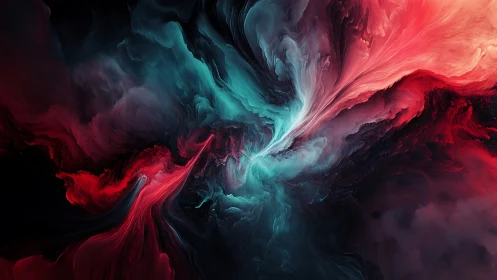 Swirling nebula of teal and crimson meeting in quiet motion.