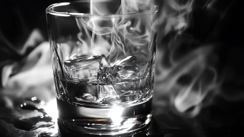 High-contrast closeup of ice cubes steaming in clear tumbler glass