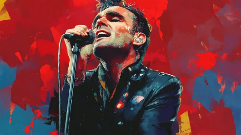 Passionate male vocalist performing amid vivid abstract colors.