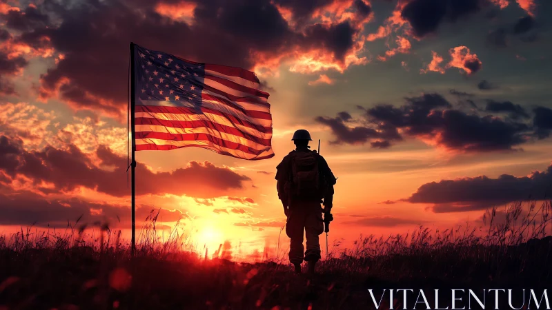 Sunset-washed soldier listens to the flag’s restless whisper