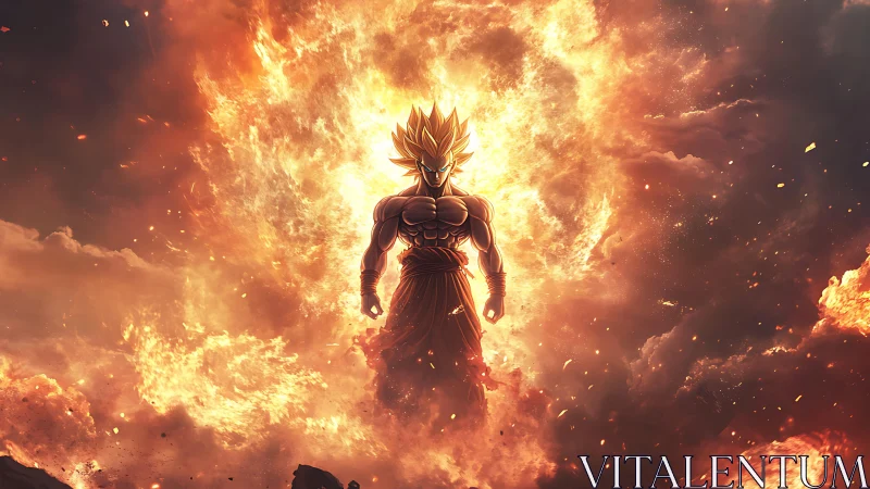 Fiery anime warrior standing amid explosive energy storm.