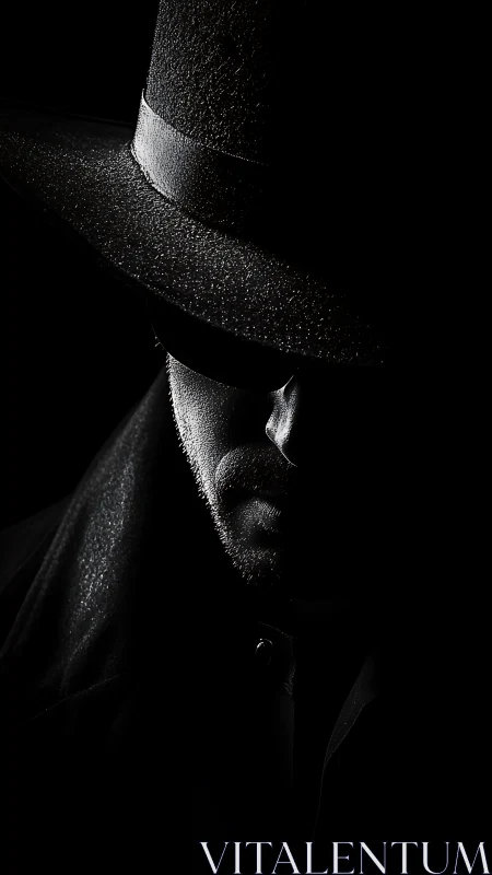 Shadow-soaked trenchcoat stranger under a rainlit brim.