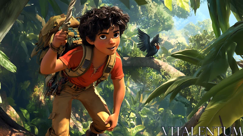Curly haired jungle explorer and chatty bird in bright adventure.
