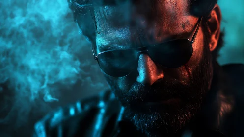 Cinematic cyber-lit portrait of brooding bearded man in smoke.