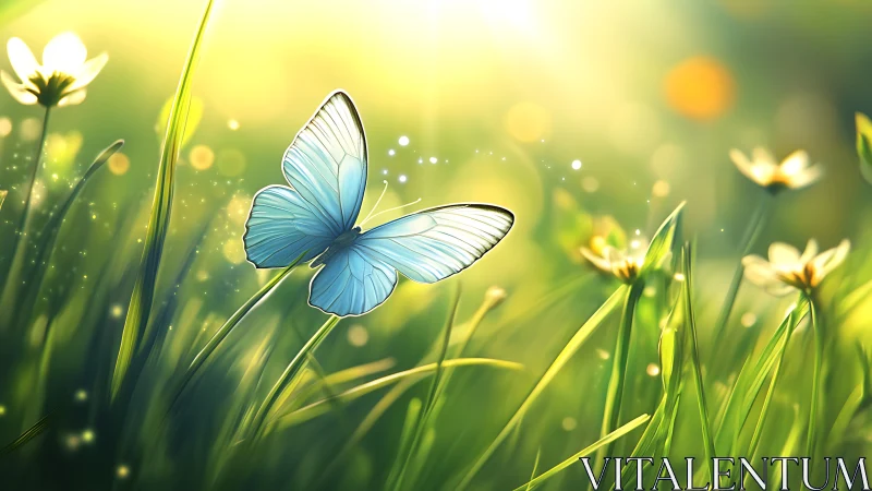 Delicate Blue Butterfly in Sunlit Meadow, Dreamy Art Style.