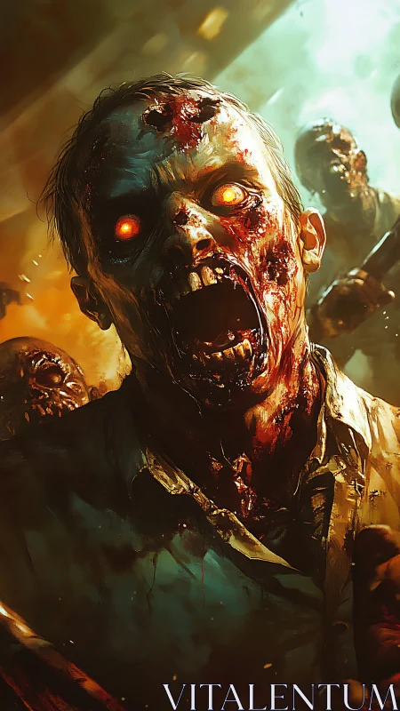 Ferocious zombie horde lunges forward under fiery light.