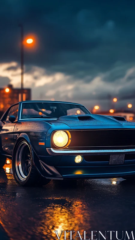 Midnight muscle car glowing against a rainwashed city street.