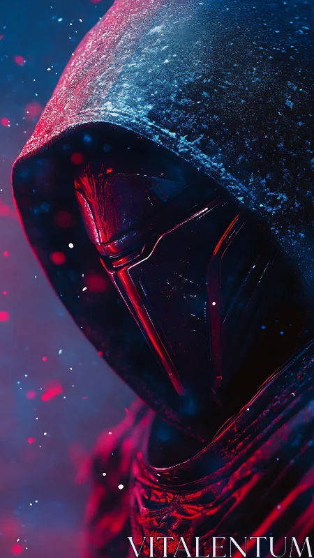 Hooded red armored helmet in neon bicolor cinematic lighting