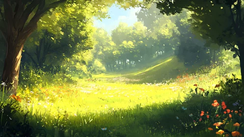 Sunlit forest clearing with wildflowers and dense foliage.