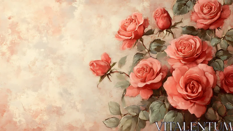 Coral Rose Cluster with Foliate Elements on Distressed Neutral Ground.