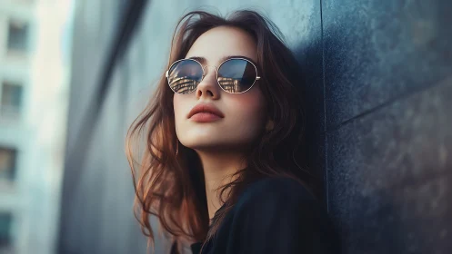 Urban portrait of stylish woman in mirrored round sunglasses.