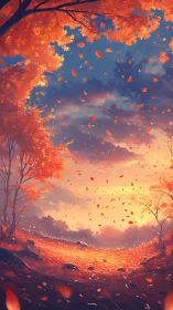 Sunlit forest path shows autumn foliage and airborne leaves