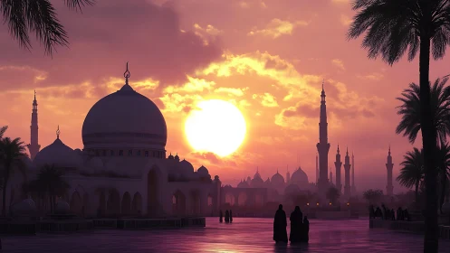 Sunlit mosque skyline under vivid sunset glow.