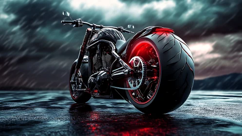 Futuristic custom motorcycle waits beneath a stormy neon sky