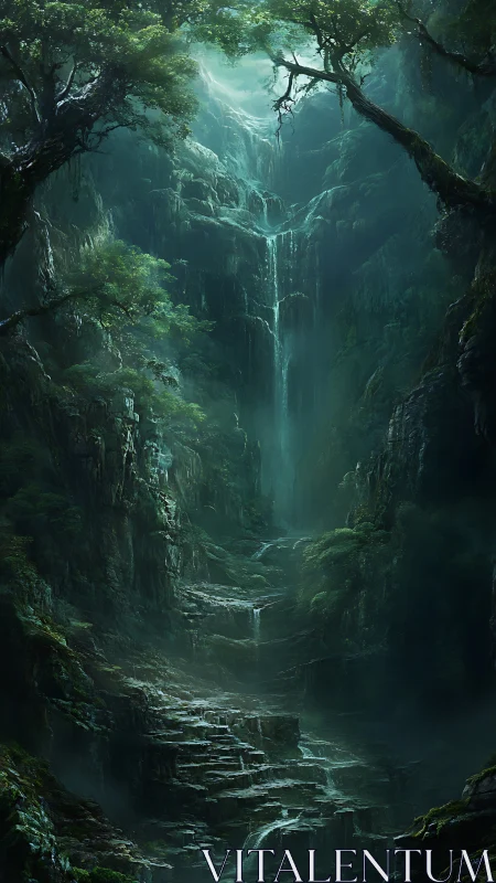 Mystical Canyon with Cascading Waterfall.