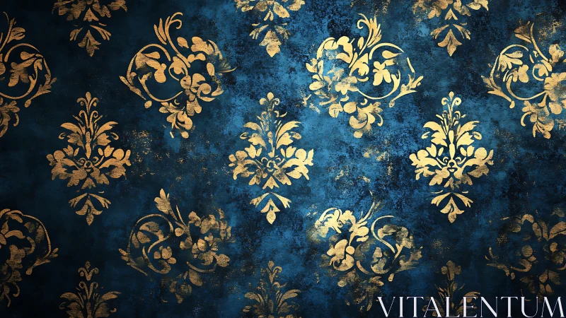 Baroque gold damask pattern glows over distressed blue ground