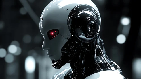 3D biomechanical android profile with reflective cranial shell.