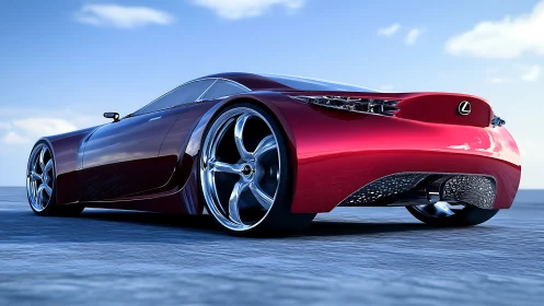 Scarlet Lexus concept coupe prowls a mirror-bright horizon.