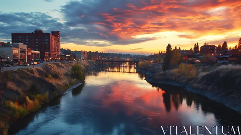 River mirrors a burning sky as small city lights quietly wake