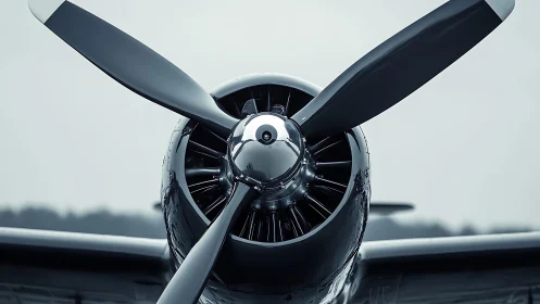 Radial aircraft engine close-up reveals polished spinner and tri-blade prop