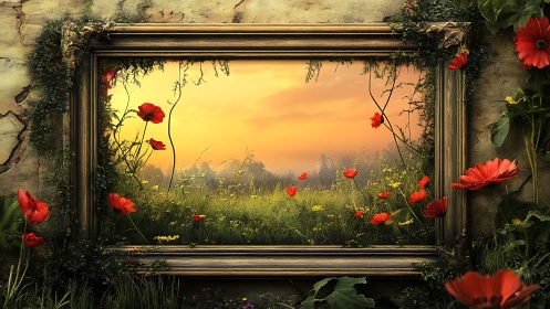 Golden meadow sunset framed by wild red poppies.