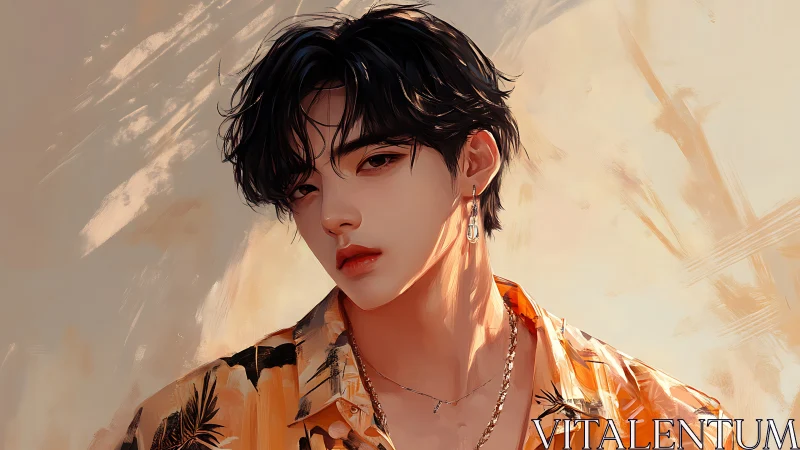 Warm sunset portrait of a stylish young man in orange shirt