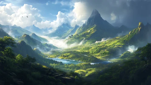 Sunlit fantasy valley unfolds beneath towering mystic peaks