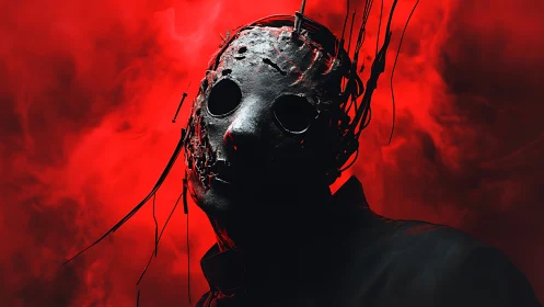 Shrouded mask in red smoke, where horror meets curiosity.
