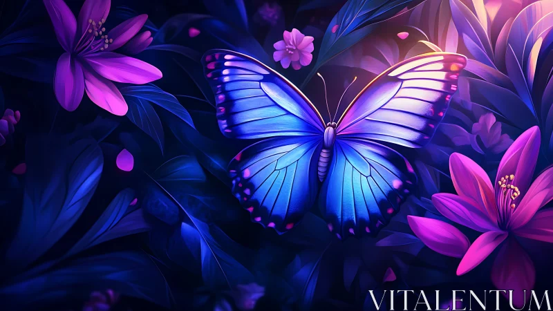 Iridescent blue butterfly amid neon violet jungle blooms.