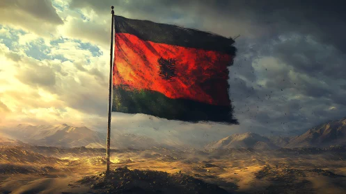 Weathered red and black flag over arid mountainous plain.