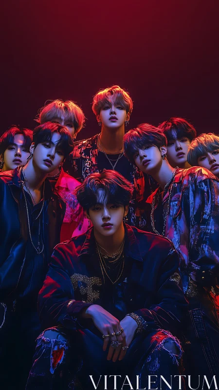 Neon-lit boy band portrait under dramatic red-blue glow.