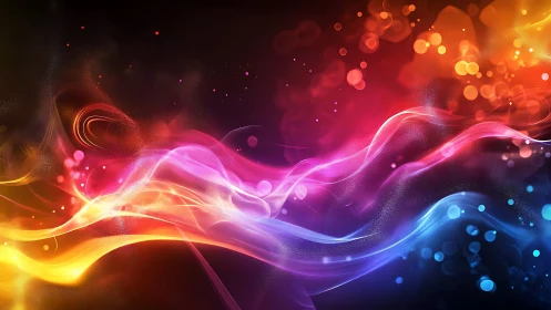 Vibrant neon light waves flow across a glowing cosmic field.