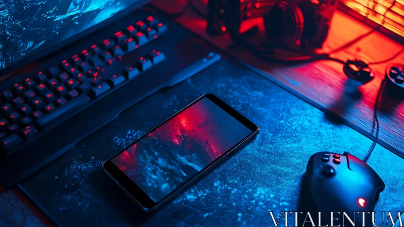 RGB gaming desk with smartphone and illuminated peripherals