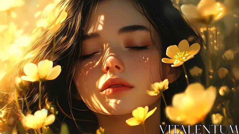Girl with closed eyes in golden yellow flower field.