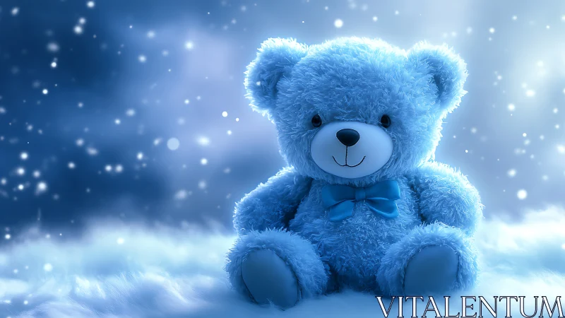 Soft blue teddy bear on luminous snowy bokeh background.